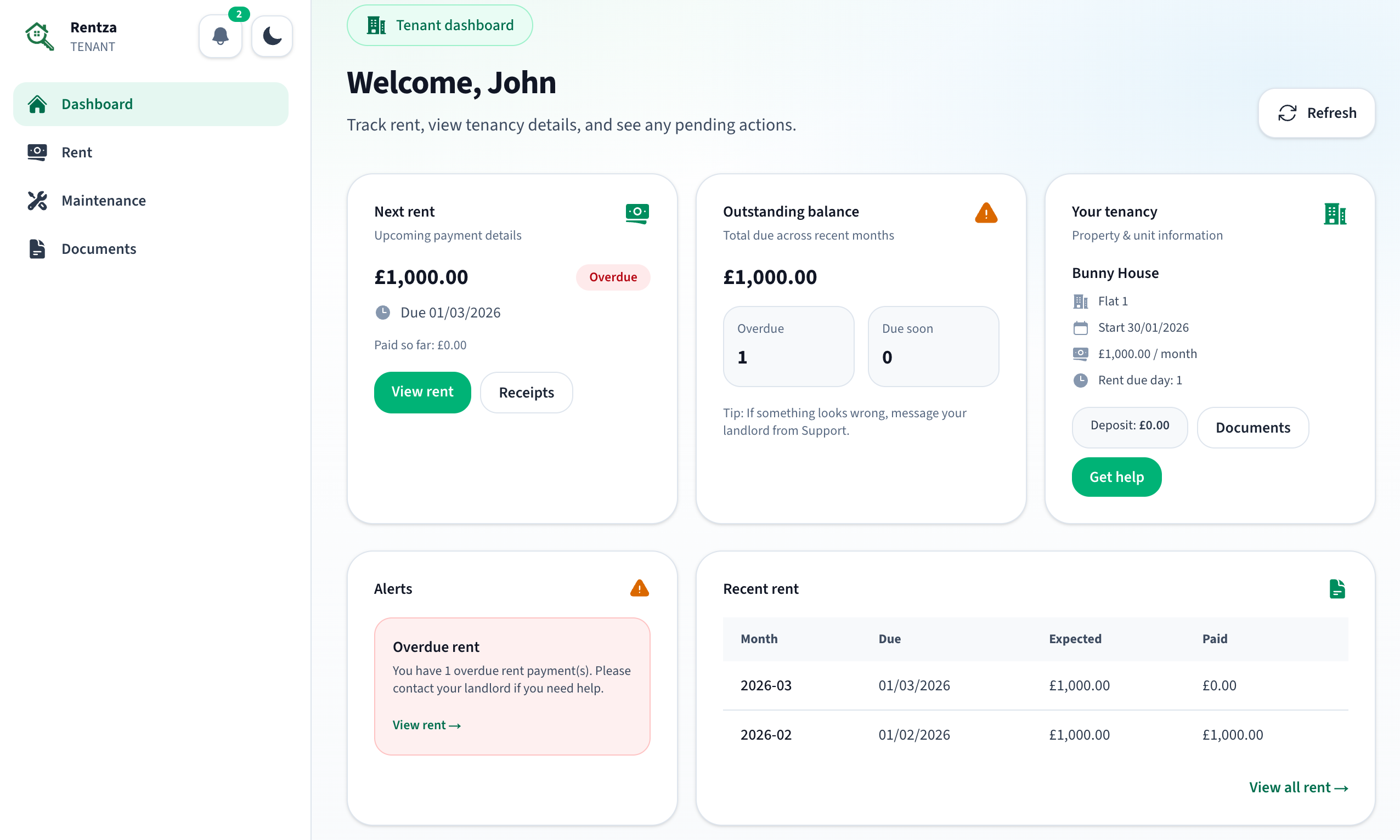 Rentza tenant dashboard showing rent details, documents, and maintenance updates